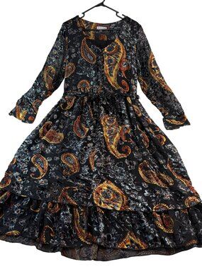 ADORE Paisley Velvet Burnout Button Down Tiered Ruffle Dress L Hippie Boho Gypsy